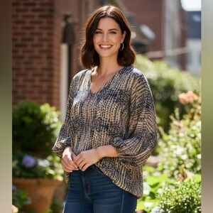 Adrienne Blue and Tan V-Neck Blouse